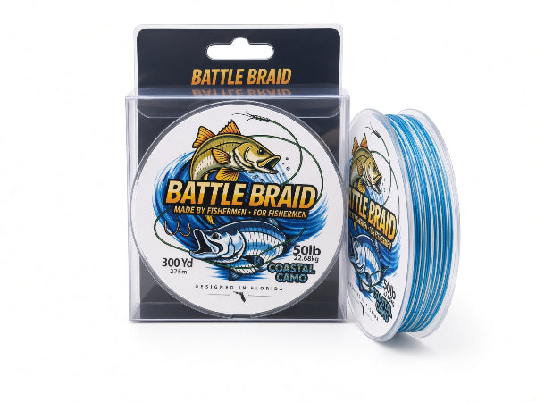 Battle Braid 50lb coastal camo fishing line shown in its retail packaging, with one spool of the blue and white line in front and another spool behind it on a white background.