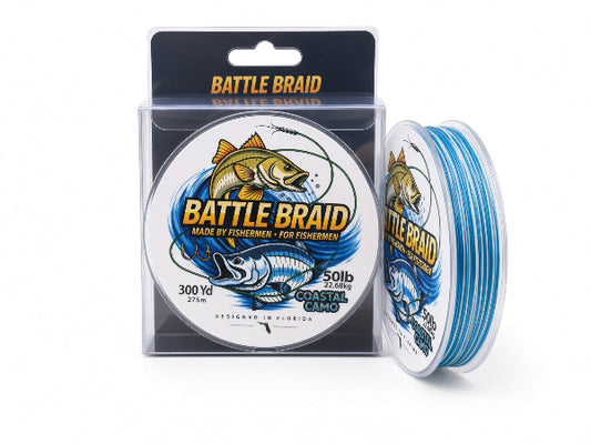 Battle Braid 50lb coastal camo fishing line shown in its retail packaging, with one spool of the blue and white line in front and another spool behind it on a white background.