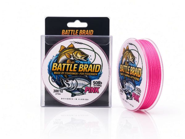 Battle Braid 50lb fishing line shown in its retail packaging alongside a spool of the bright pink line on a white reflective background.