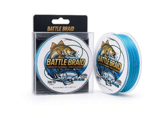 Two spools of Battle Braid 50lb braided fishing line, one inside its clear plastic packaging with a black header card and one standing outside the package, both showing the blue line and a fish graphic on a white background.