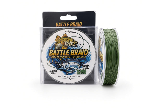 Moss Green Battle Braid fishing line in a clear plastic spool package with a spool of line shown beside it on a white background.