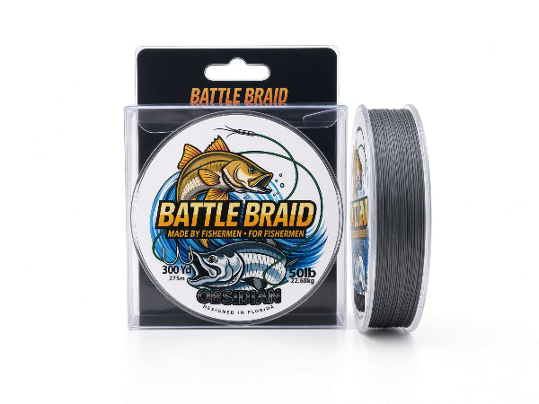 Cosbian Battle Braid fishing line in a clear plastic package with a black backing card, shown next to the spool of gray line on a white background.