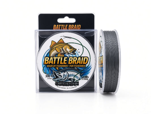 Cosbian Battle Braid fishing line in a clear plastic package with a black backing card, shown next to the spool of gray line on a white background.