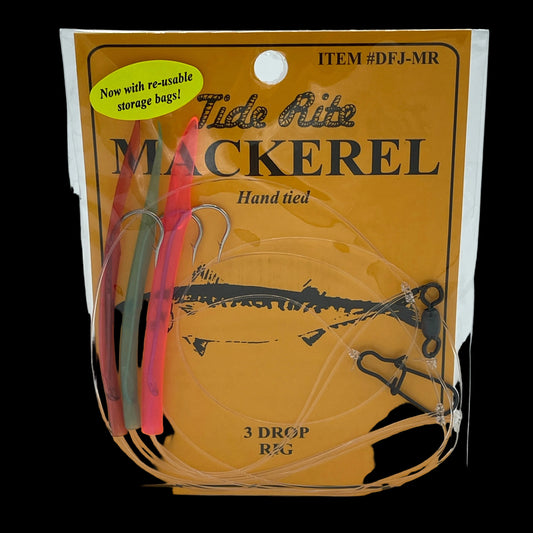 Tide Rife Mackerel hand-tied fishing line kit in its original orange packaging, containing two drop weights (one red, one olive green) and black hardware on clear line.