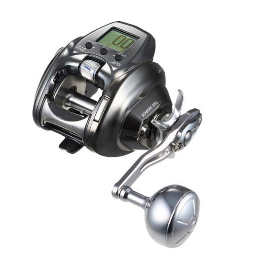 A baitcasting fishing reel with a black and metallic silver body, featuring a digital display screen, control buttons, and a separate silver handle with a ball end.