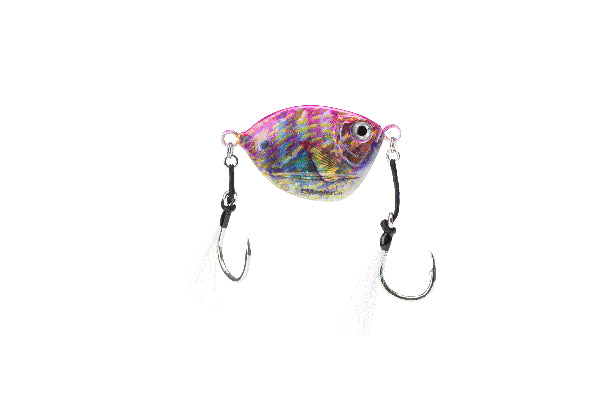 A fishing lure with a metallic, iridescent purple and gold fish design, featuring two black hooks with white skirt tails, shown on a solid white background.