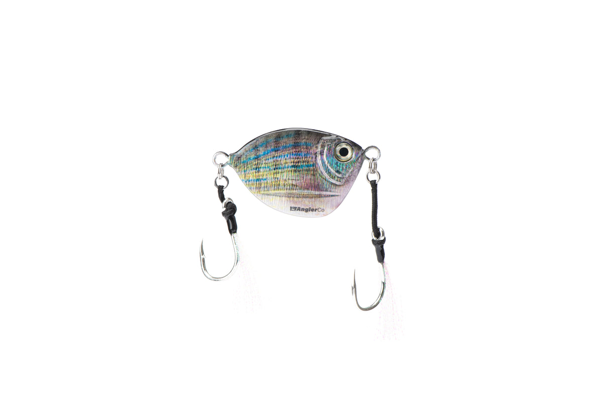 A silver holographic fishing lure with a realistic fish body, featuring two black-and-silver hooks with white feather tails, shown on a plain white background.