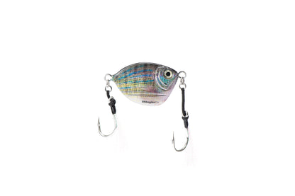A silver holographic fishing lure with a realistic fish body, featuring two black-and-silver hooks with white feather tails, shown on a plain white background.