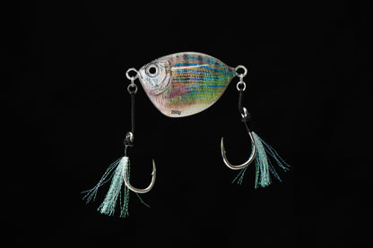 Fishing lure with a colorful body and black hooks on a black background