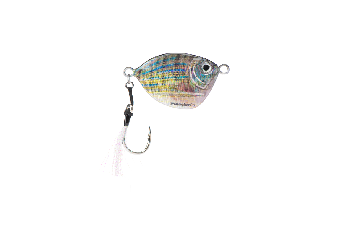 Fishing lure with multicolored body and treble hook on a white background