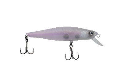 A translucent white and light purple diving fishing lure with two treble hooks, shown against a solid white background.