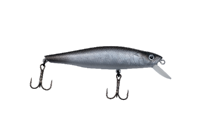 A silver and gray hard bait fishing lure with a realistic fish body, textured scale pattern, a white diving lip, and two treble hooks, shown on a solid white background.