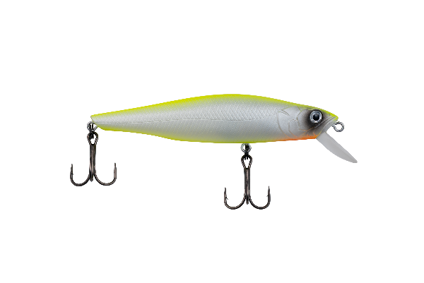 A hard bait fishing lure with a silver-white body, a bright yellow-green back, a small orange accent near the tail, and a white diving lip. It features two dark metal treble hooks and is shown against a solid white background.