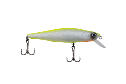 A hard bait fishing lure with a silver-white body, a bright yellow-green back, a small orange accent near the tail, and a white diving lip. It features two dark metal treble hooks and is shown against a solid white background.