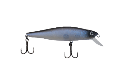 A hard bait fishing lure with a silver and dark gray gradient body, a white plastic diving lip, and two black treble hooks, shown against a solid white background.