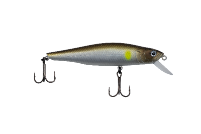 A hard fishing lure shaped like a small fish, featuring a metallic silver and bronze body with a bright yellow lateral stripe, a white tail, and two dark metal treble hooks.