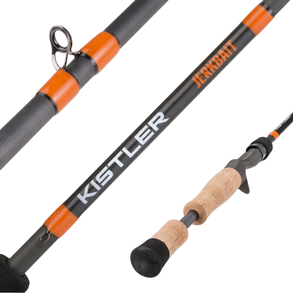 Two Kistler fishing rods with orange accents on a white background