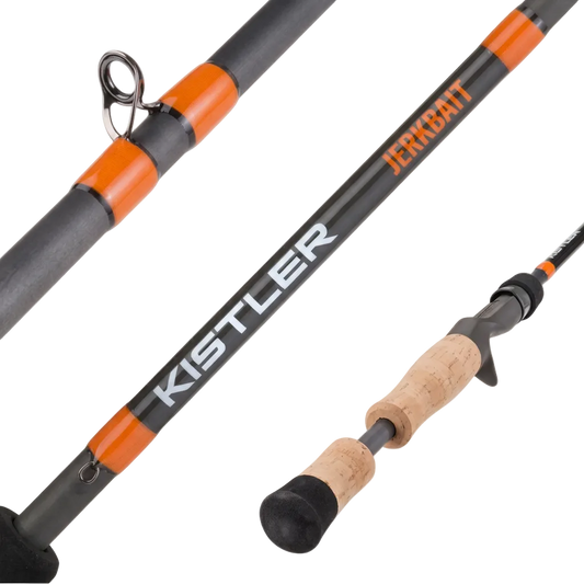 Two Kistler fishing rods with orange accents on a white background