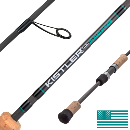 Fishing rod with cork handles and Kistler branding on a white background