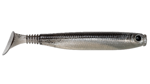 Fishing lure with a metallic finish on a white background