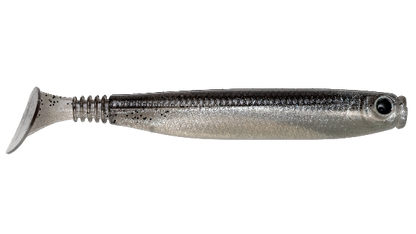 Fishing lure with a metallic finish on a white background