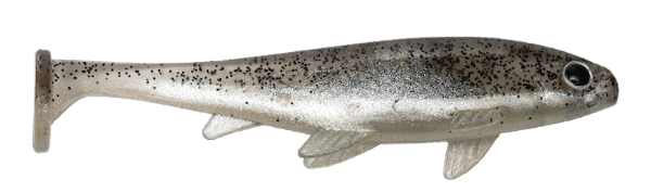 Shiny metallic fish-shaped lure on a white background