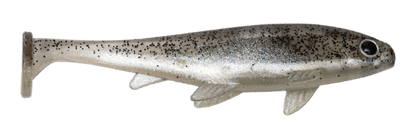 Shiny metallic fish-shaped lure on a white background