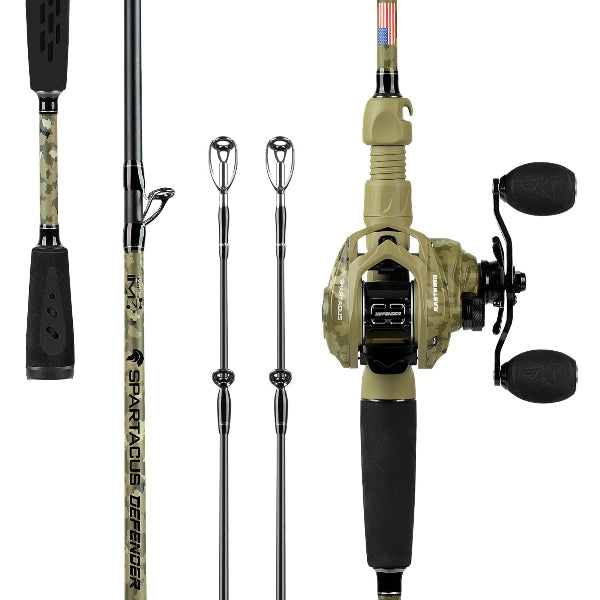 A fishing rod set displayed on a clean white background, including a full assembled rod with a tan and black spinning reel, a close-up of the rod blank, two blank segments, and a black handle grip. The rod features the brand name SPARagiCUS and model name Defender.