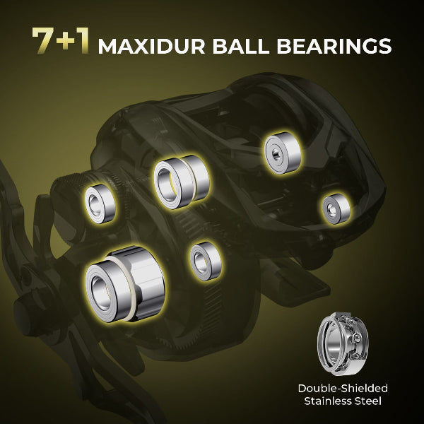 Bicycle hub with 7+1 Maxidur ball bearings highlighted on a dark background