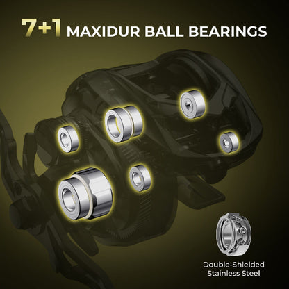 Bicycle hub with 7+1 Maxidur ball bearings highlighted on a dark background