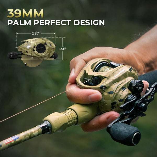 Fishing reel with '39MM Palm Perfect Design' text and measurements, held by a person.