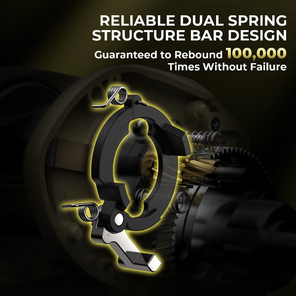 Mechanical component with glowing yellow highlights on a dark background, featuring text about a reliable dual spring structure bar design.