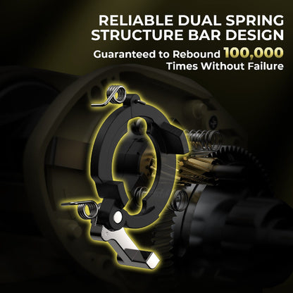 Mechanical component with glowing yellow highlights on a dark background, featuring text about a reliable dual spring structure bar design.