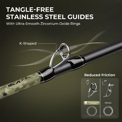 Fishing rod with tangle-free stainless steel guides on a dark background