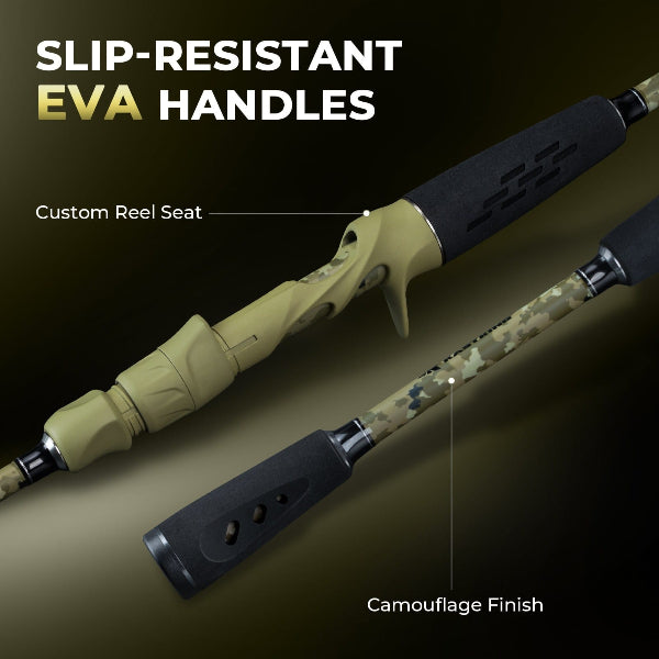 Fishing rod with slip-resistant EVA handles and camouflage finish on a dark background