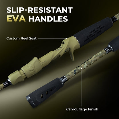Fishing rod with slip-resistant EVA handles and camouflage finish on a dark background