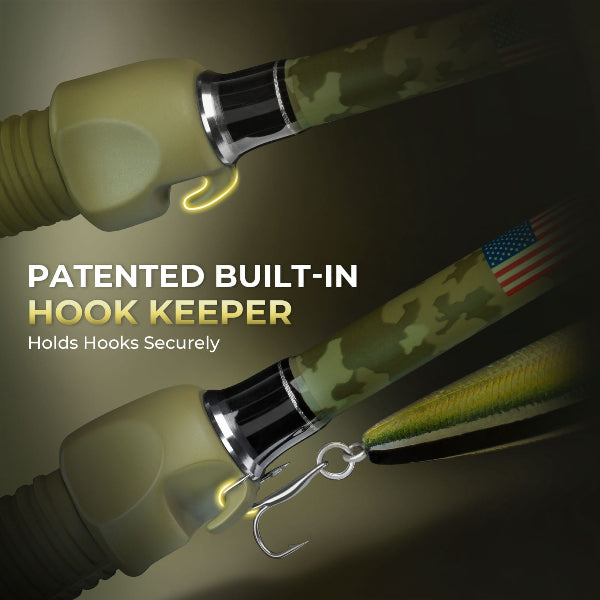 Fishing rod with a patented built-in hook keeper on a dark background