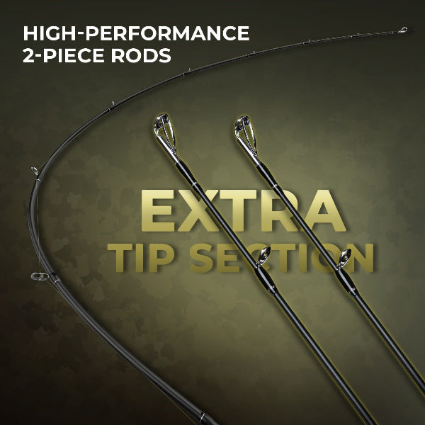 High-performance 2-piece fishing rod with 'Extra Tip Section' text on a dark background
