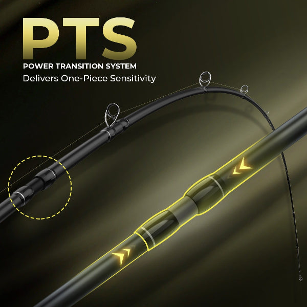 Fishing rod with Power Transition System (PTS) highlighted on a dark background