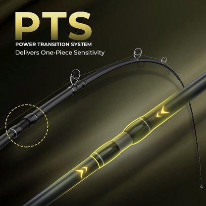 Fishing rod with Power Transition System (PTS) highlighted on a dark background