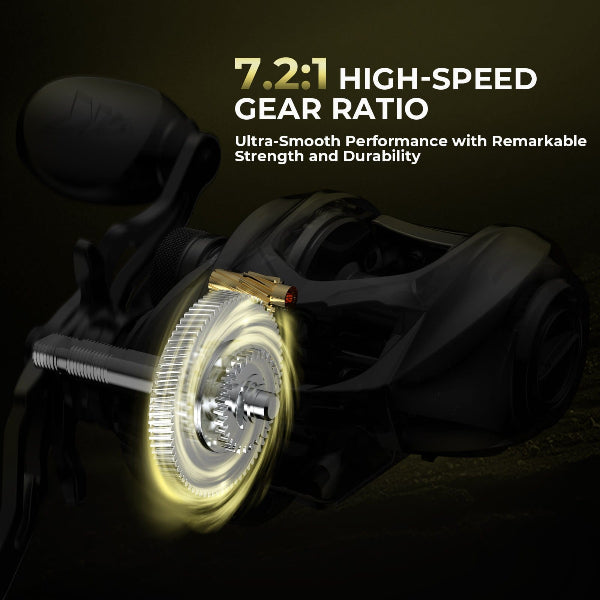 Motorcycle gear system with text highlighting high-speed gear ratio on a dark background