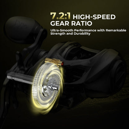 Motorcycle gear system with text highlighting high-speed gear ratio on a dark background