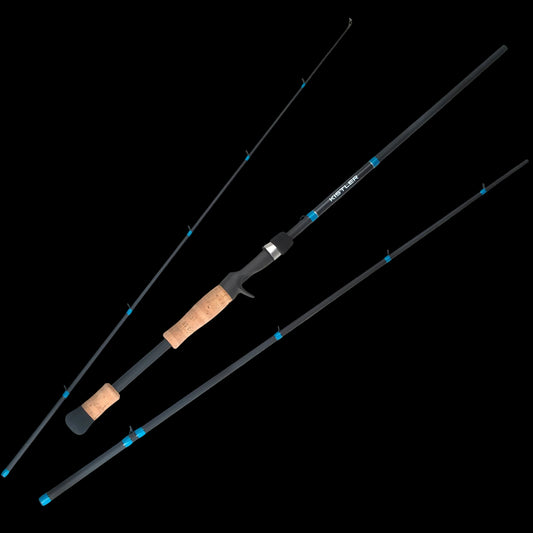 A black fly fishing rod shown disassembled into three pieces on a clean white background, featuring a cork-wrapped handle, blue line guides, and white brand text that reads 'FISHING STAR'.