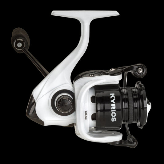 Fishing reel with 'Kyrios' branding on a white background