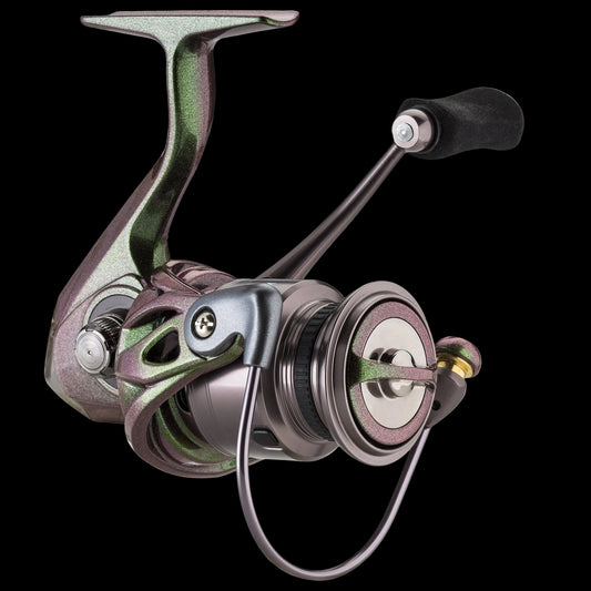 A high-performance spinning fishing reel with a metallic bronze and olive green finish, featuring a black handle grip and silver hardware, shown on a pure white background.