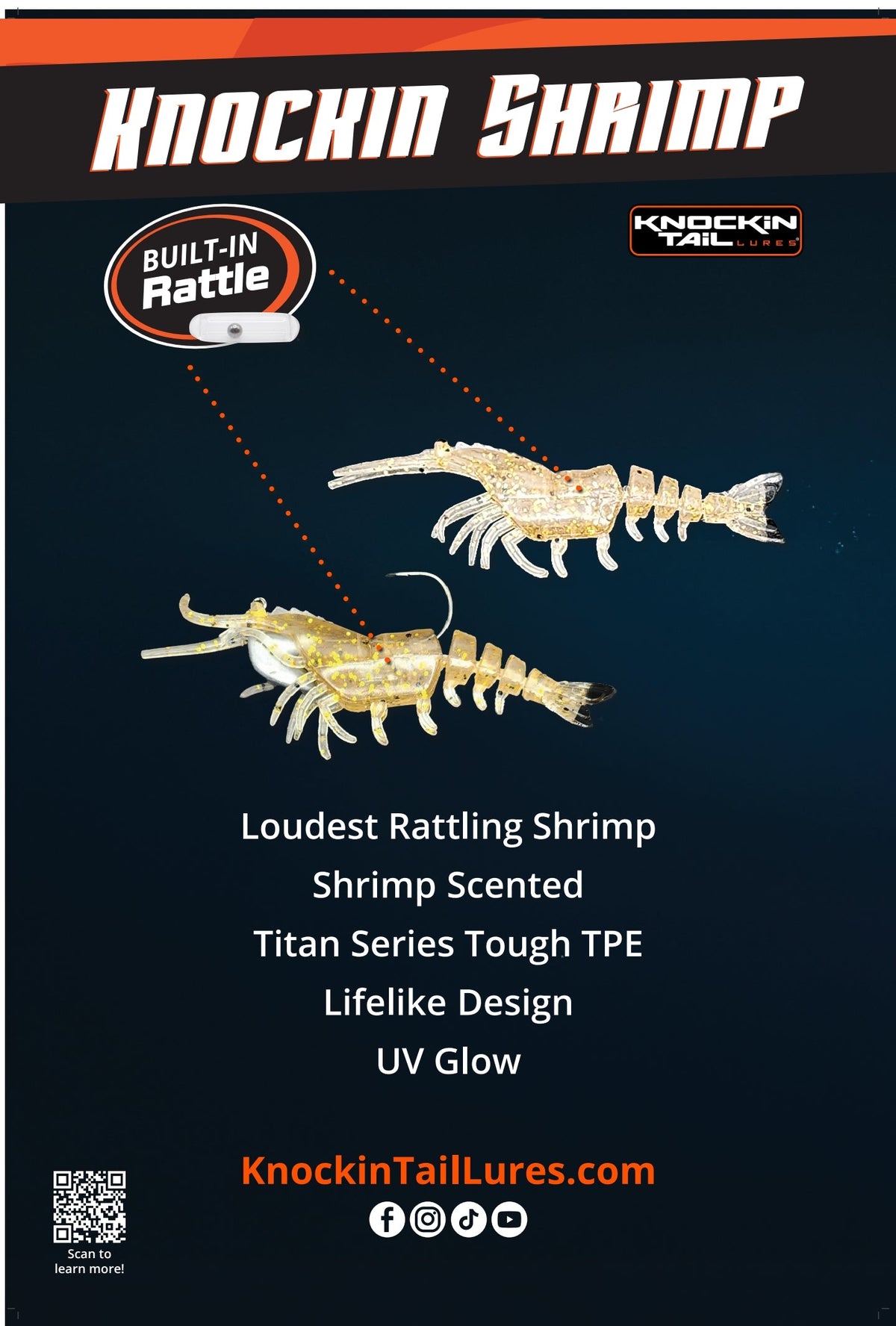 Knockin Shrimp Cracklin With Built-In Tail Rattle — 3 in | 1/8 oz & 1/4 oz | 2-Pack