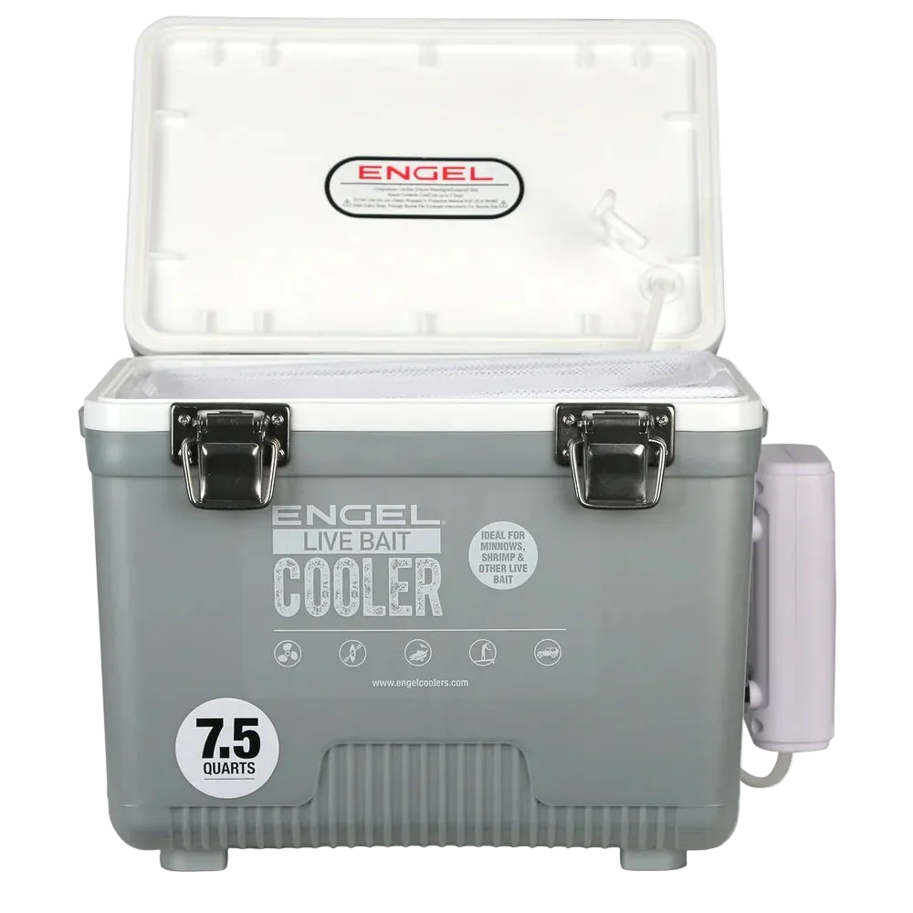 Gray Engel live bait cooler with white lid on a white background