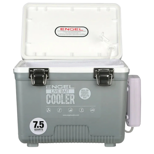 Gray Engel live bait cooler with white lid on a white background