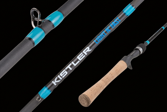 Fishing rod with Kistler branding on a white background