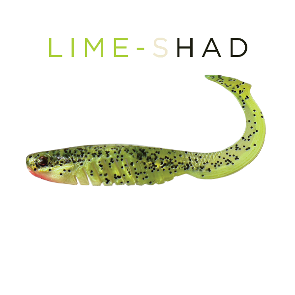 Lime-shad fishing lure on a white background with 'LIME-SHAD' text above it.